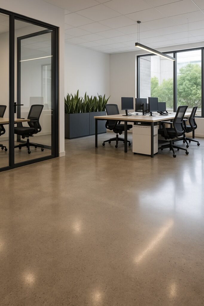 Polished concrete floor by Prime Concrete Coatings in Okanagan Valley office space.