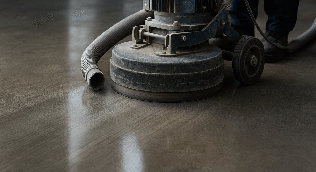 Industrial concrete grinder smoothing a concrete floor, with a visible contrast between rough and polished sections, operated by a technician in workwear.