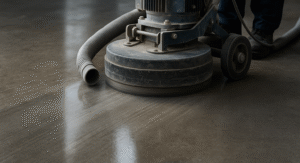 Industrial concrete grinder smoothing a concrete floor, with a visible contrast between rough and polished sections, operated by a technician in workwear.