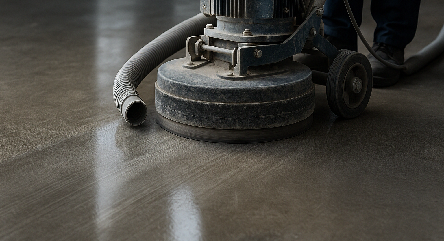 Industrial concrete grinder smoothing a concrete floor, with a visible contrast between rough and polished sections, operated by a technician in workwear.