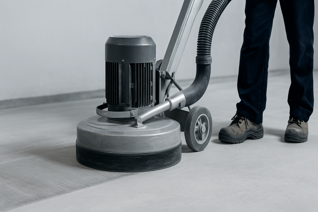 Person using Concrete Grinder machine to grind concrete sufrace